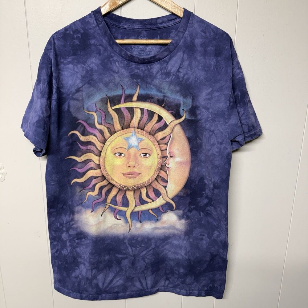 The Mountain Graphic T-Shirt Sun & Moon Purple Cloud Tie Dye Boho Men L EUC